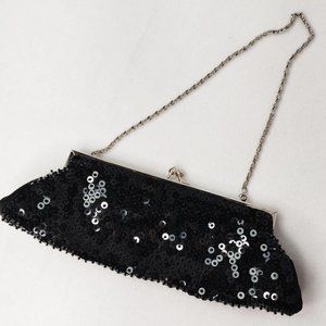 Retro Black Sequin Evening Bag Clutch Purse Handbag Silver Metal Hardware & Chai